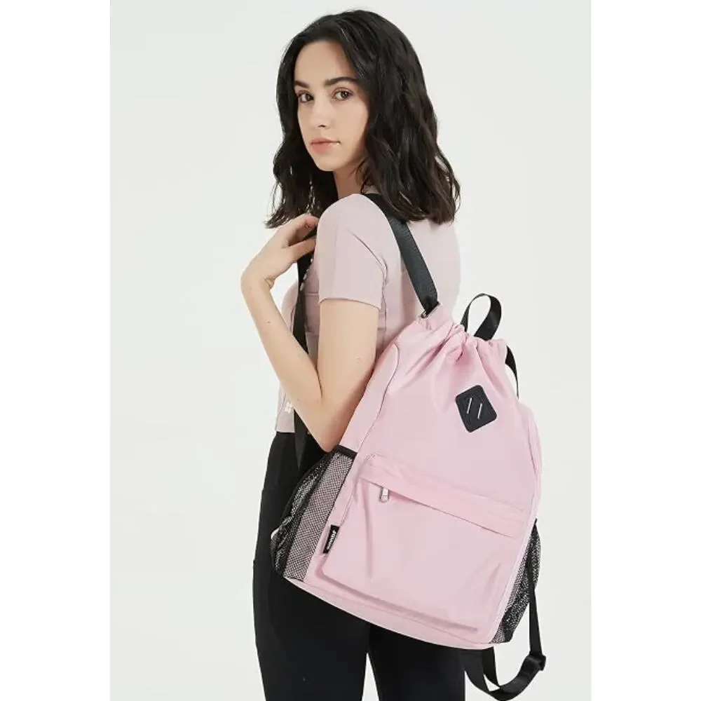 Drawstring Backpack with Shoe Compartment, Sports Gym Bag, Water-Resistant- Pink